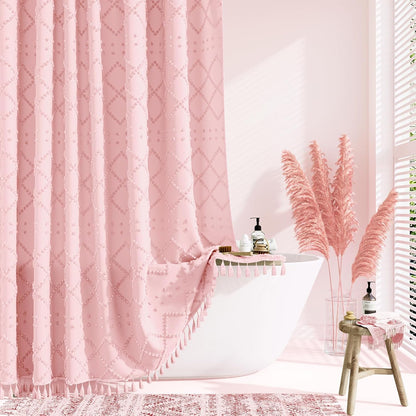 Boho Farmhouse Fabric Shower Curtain Tufted Geometric 72x72 Pink