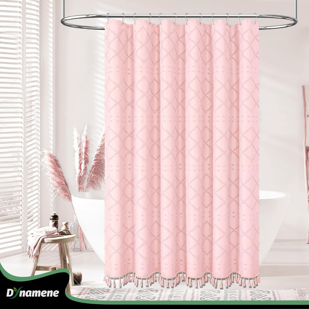 Boho Farmhouse Fabric Shower Curtain Tufted Geometric 72x72 Pink