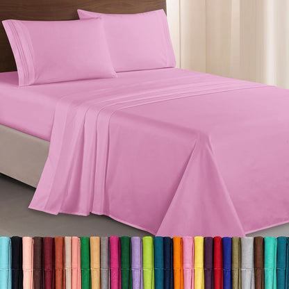 Luxurious 1500 Premium Hotel Quality Microfiber Three Line Embroidered Softest 4-Piece Bed Sheet Set, Wrinkle and Fade Resistant, Queen, Light Pink
