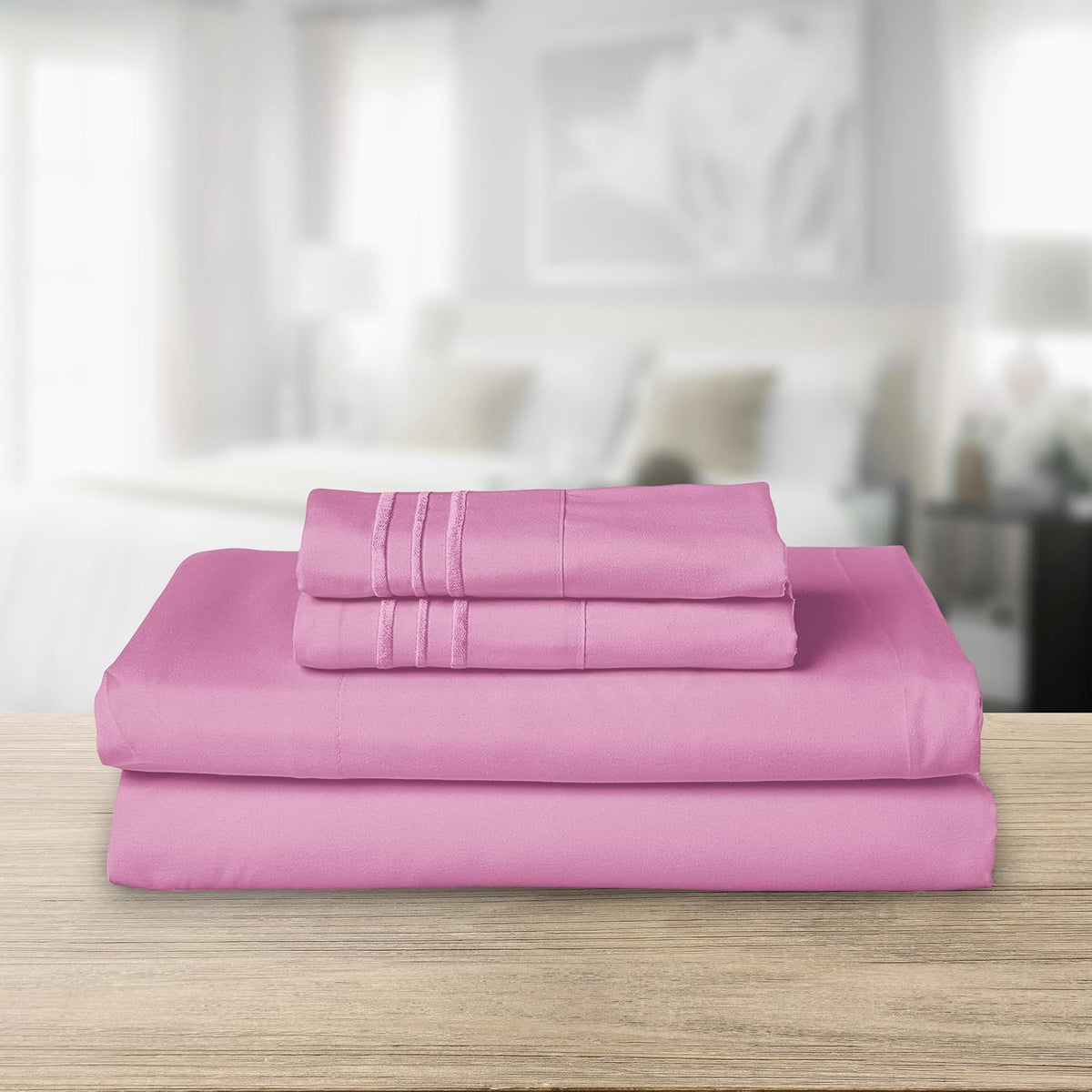 Luxurious 1500 Premium Hotel Quality Microfiber Three Line Embroidered Softest 4-Piece Bed Sheet Set, Wrinkle and Fade Resistant, Queen, Light Pink
