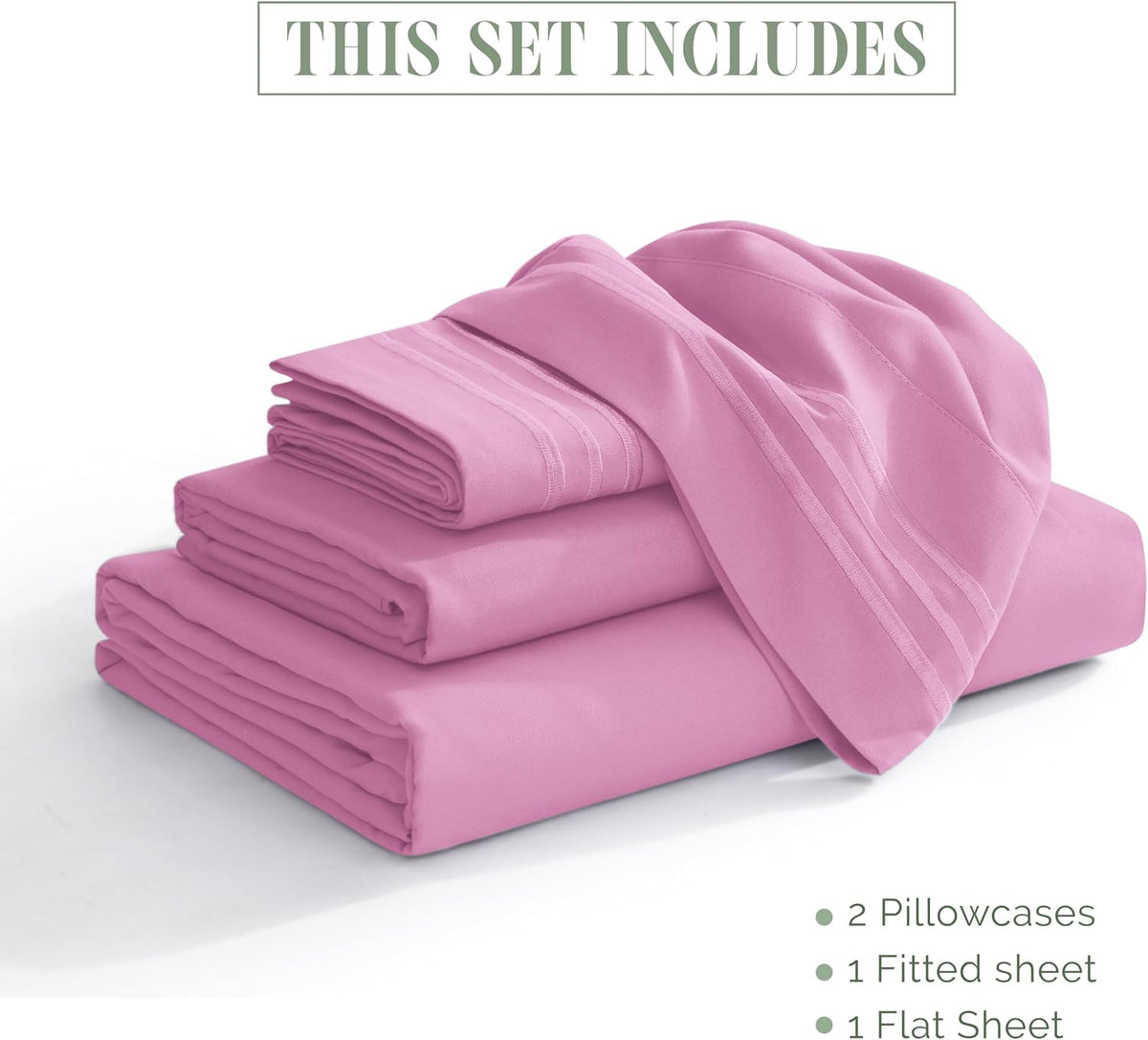 Luxurious 1500 Premium Hotel Quality Microfiber Three Line Embroidered Softest 4-Piece Bed Sheet Set, Wrinkle and Fade Resistant, Queen, Light Pink