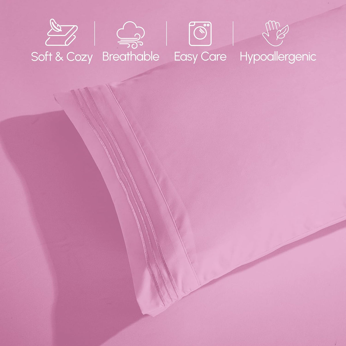 Luxurious 1500 Premium Hotel Quality Microfiber Three Line Embroidered Softest 4-Piece Bed Sheet Set, Wrinkle and Fade Resistant, Queen, Light Pink