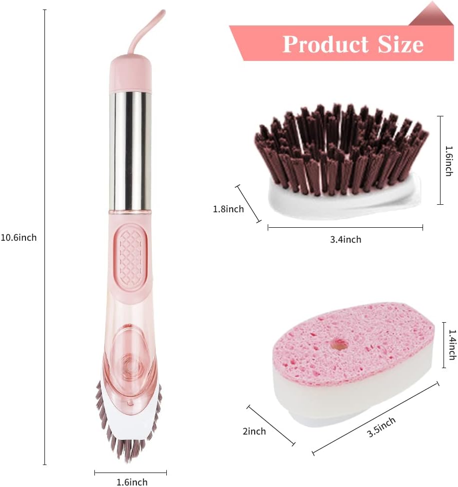 Dish Cleaning Brush, Soap Dispensing Dish Brush Set with 4 Replacement Heads and Storage Holder, Kitchen Scrub Brush for Dish Pot Pan Sink Cleaning (Pink)