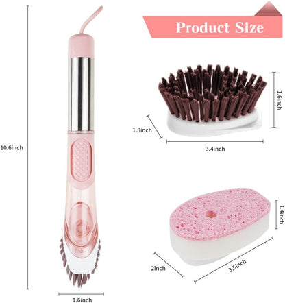 Dish Cleaning Brush, Soap Dispensing Dish Brush Set with 4 Replacement Heads and Storage Holder, Kitchen Scrub Brush for Dish Pot Pan Sink Cleaning (Pink)