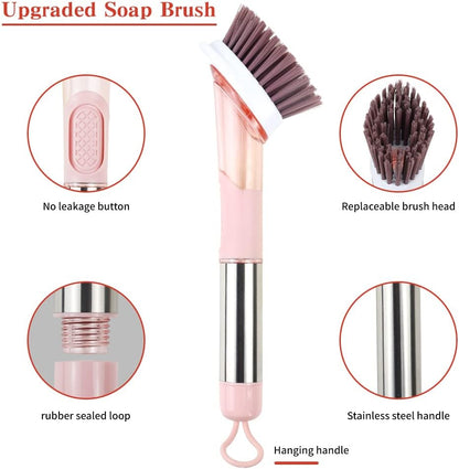 Dish Cleaning Brush, Soap Dispensing Dish Brush Set with 4 Replacement Heads and Storage Holder, Kitchen Scrub Brush for Dish Pot Pan Sink Cleaning (Pink)