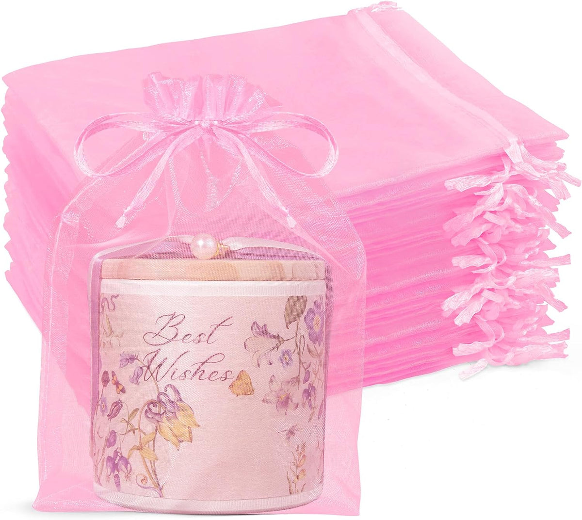 50Pcs Large Pink Organza Bags 6x9, Small Mesh Gift Bags Drawstring