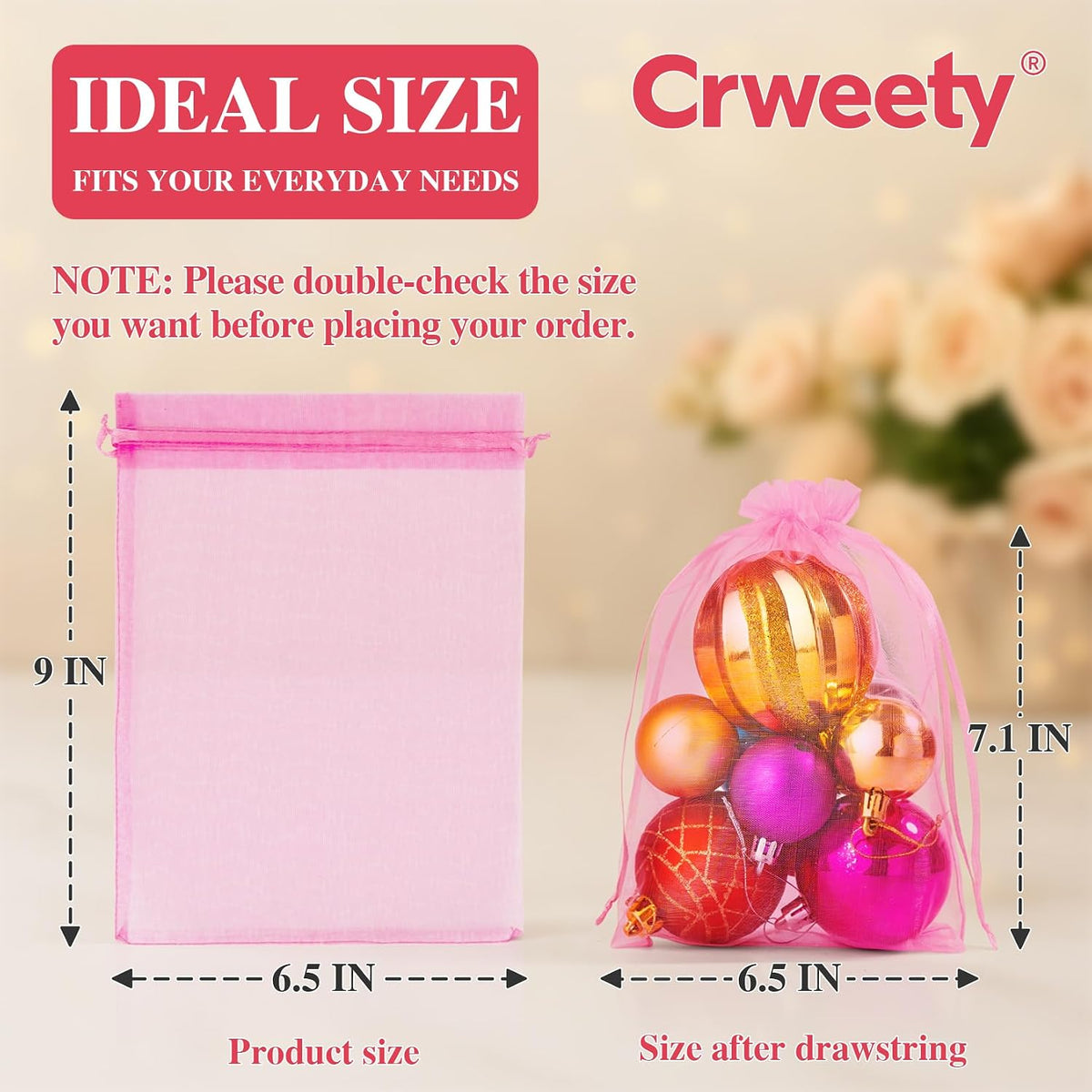 50Pcs Large Pink Organza Bags 6x9, Small Mesh Gift Bags Drawstring