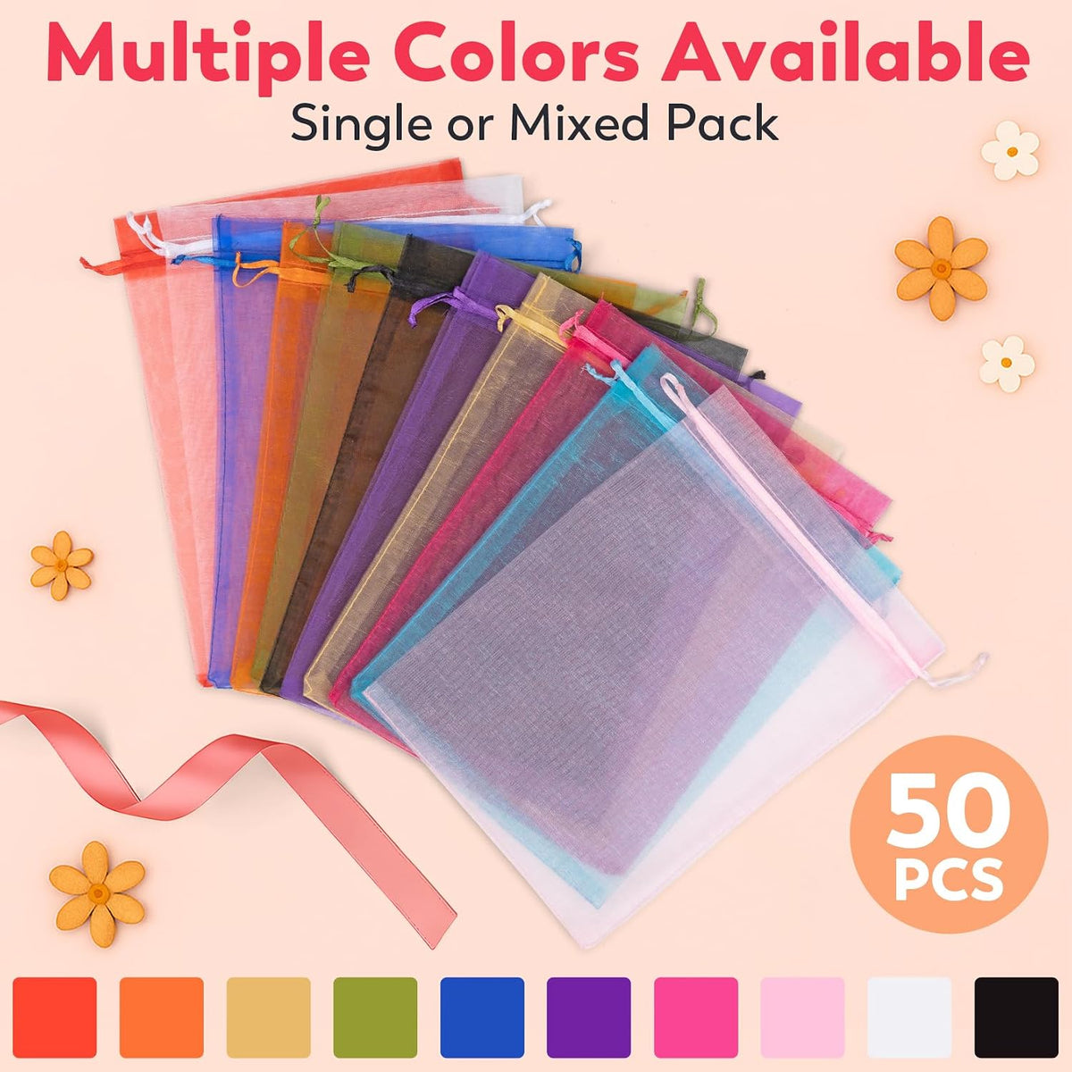 50Pcs Large Pink Organza Bags 6x9, Small Mesh Gift Bags Drawstring