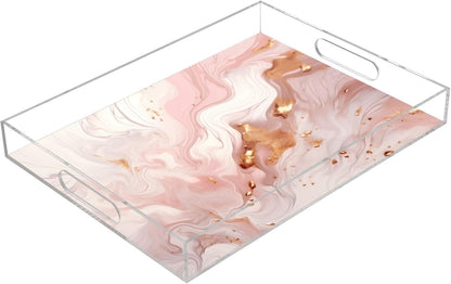 Abstract Marble Golden Pink Serving Tray Acrylic Decorative Trays 16" x 12" Serving Platter with Handles for Coffee Table, Dessert Party, Bathroom Vanity Countertop