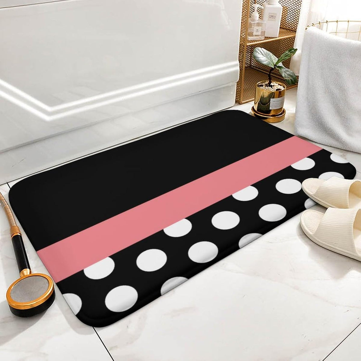 Pink Stripe Black White Polka Dot Bathroom Rug, Non Slip & Soft Absorbent Bath Mat Carpets for Bathroom 16" x 24"