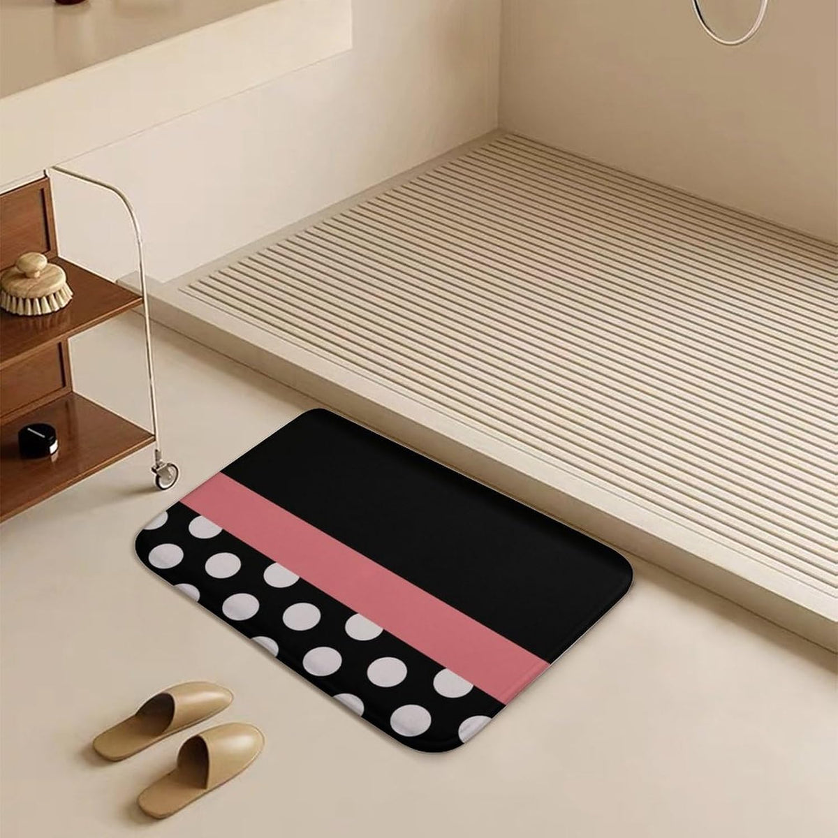 Pink Stripe Black White Polka Dot Bathroom Rug, Non Slip & Soft Absorbent Bath Mat Carpets for Bathroom 16" x 24"