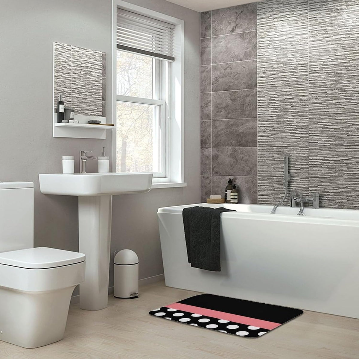 Pink Stripe Black White Polka Dot Bathroom Rug, Non Slip & Soft Absorbent Bath Mat Carpets for Bathroom 16" x 24"