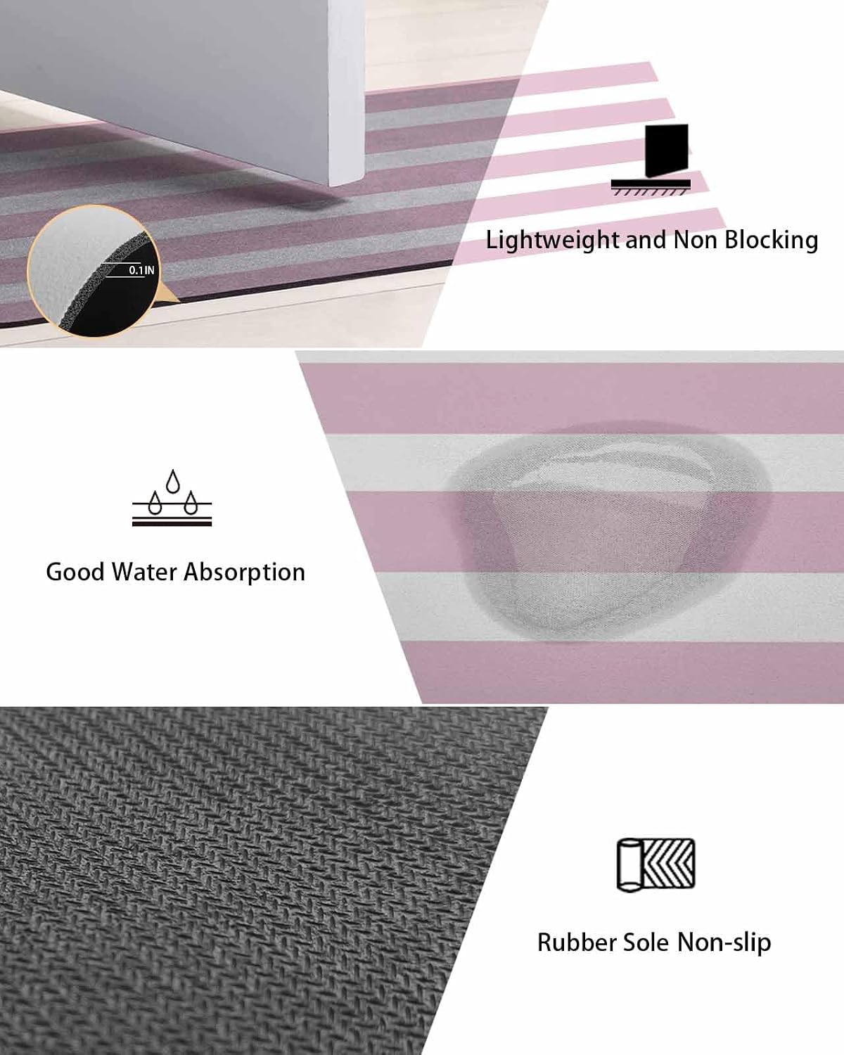 Pink Stripe Bath Mat for Tub,Modern Simple Geometric White Striped Non Slip Bathroom Floor Runner Rug Quick Dry & Absorbent Diatomaceous Earth Shower Sink Bedroom Kitchen Living Room Doormat 16"x24"
