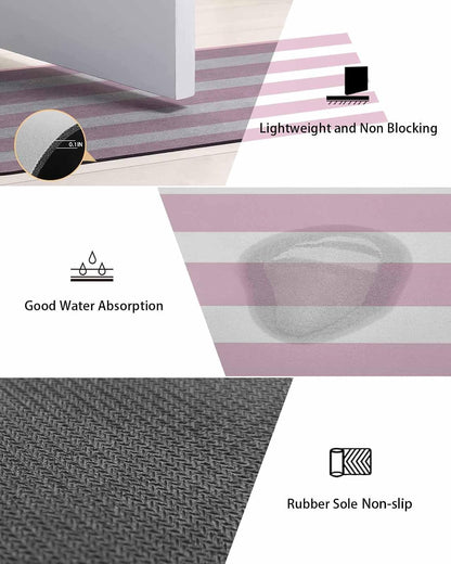Pink Stripe Bath Mat for Tub,Modern Simple Geometric White Striped Non Slip Bathroom Floor Runner Rug Quick Dry & Absorbent Diatomaceous Earth Shower Sink Bedroom Kitchen Living Room Doormat 16"x24"
