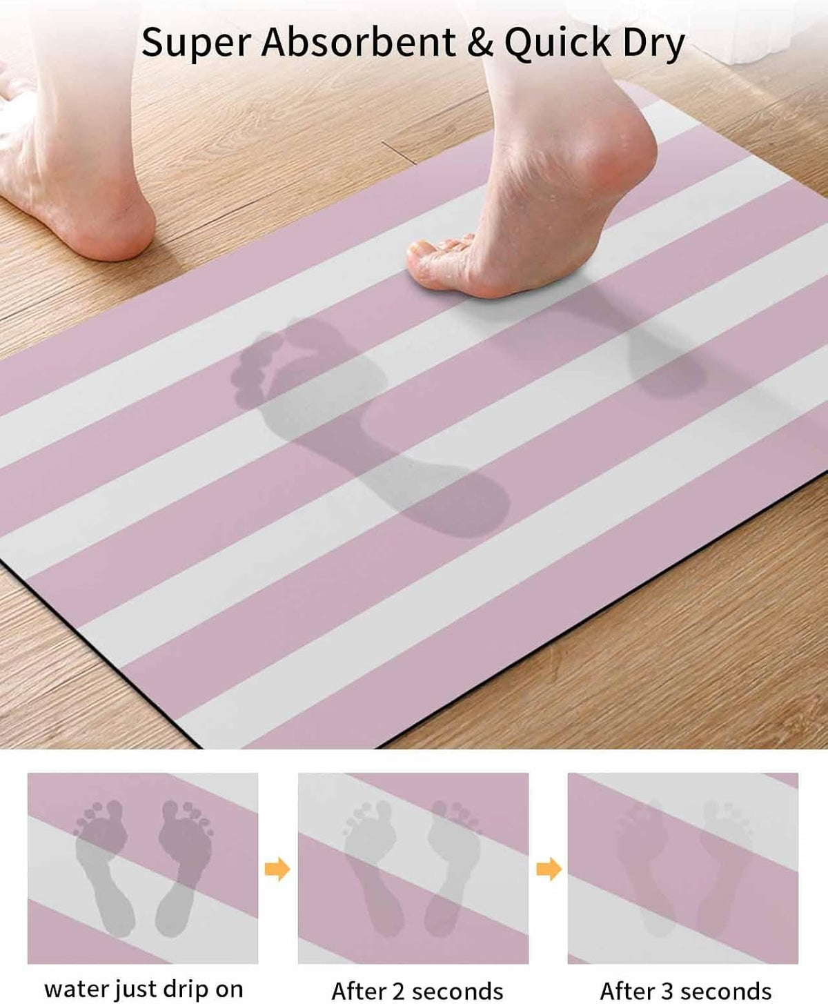 Pink Stripe Bath Mat for Tub,Modern Simple Geometric White Striped Non Slip Bathroom Floor Runner Rug Quick Dry & Absorbent Diatomaceous Earth Shower Sink Bedroom Kitchen Living Room Doormat 16"x24"