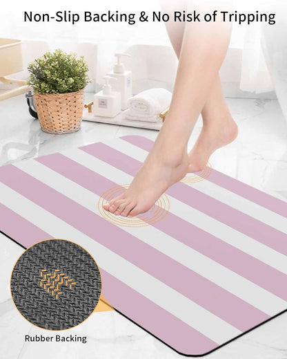 Pink Stripe Bath Mat for Tub,Modern Simple Geometric White Striped Non Slip Bathroom Floor Runner Rug Quick Dry & Absorbent Diatomaceous Earth Shower Sink Bedroom Kitchen Living Room Doormat 16"x24"