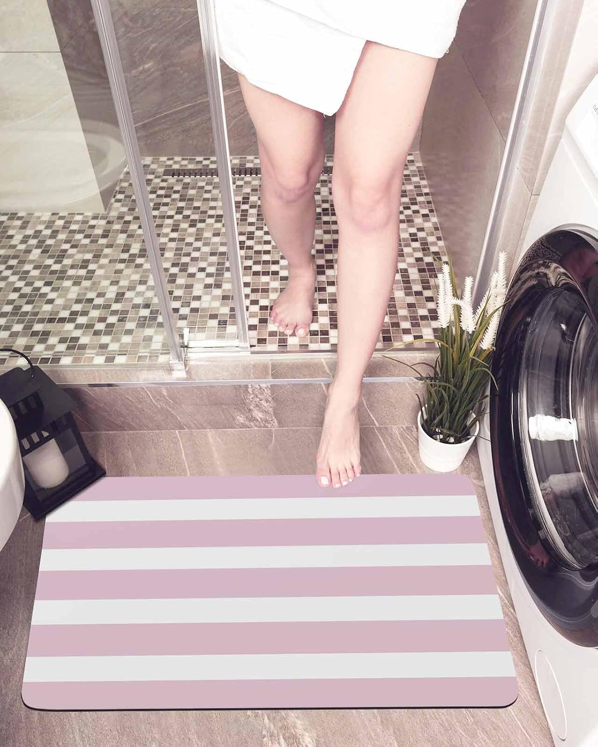 Pink Stripe Bath Mat for Tub,Modern Simple Geometric White Striped Non Slip Bathroom Floor Runner Rug Quick Dry & Absorbent Diatomaceous Earth Shower Sink Bedroom Kitchen Living Room Doormat 16"x24"