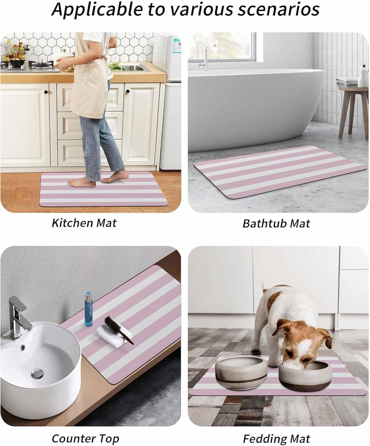 Pink Stripe Bath Mat for Tub,Modern Simple Geometric White Striped Non Slip Bathroom Floor Runner Rug Quick Dry & Absorbent Diatomaceous Earth Shower Sink Bedroom Kitchen Living Room Doormat 16"x24"