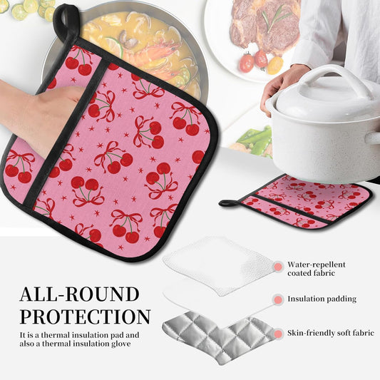Pot Holders for Kitchen, Heat Resistance Hot Pads, Cute Potholder with Pocket for Kitchen Cooking Baking 2 Packs, Pink Cherry