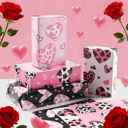 12 Sheets Cow Heart Wrapping Paper, Pink Black Heart Gift Wrap Gift Packing Paper for Cowgirl Themed Farm Animal Party Birthday Wedding Girls Women, 20 x 28 Inch