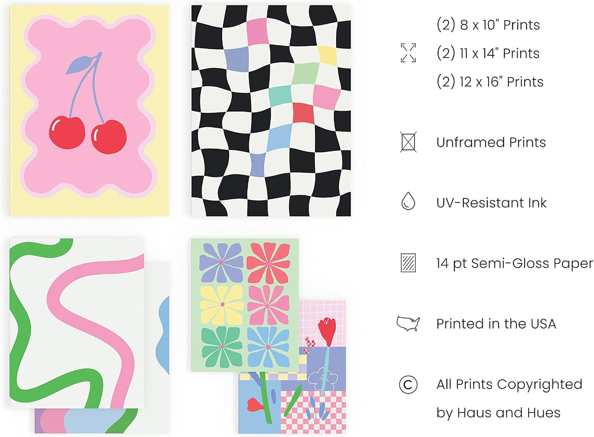 HAUS AND HUES Danish Pastel Posters - Set of 6 Pink Poster, Colorful Pictures for Wall, Cute Room Aesthetic, Trendy Dorm Wall Art for College Girls (Unframed)