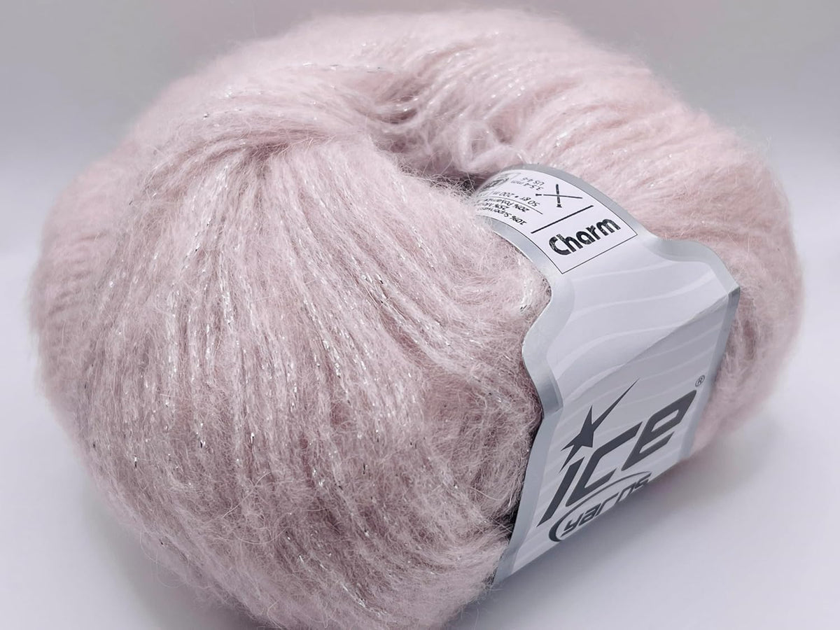 Powder Pink, Silver Charm - DK Weight Metallic Sparkle, Mohair Wool Acrylic Nylon Blend Yarn with Sparkle 50 Grams (1.75 Ounces) 200 Meters (218 Yards)
