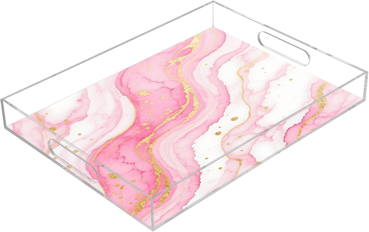 Pink Gilded Fluid Marble Serving Tray with Handles, 12x16 Inch Decorative Acrylic Tray Organizer, Multi-Purpose Sturdy Serving Platter for Coffee Table, Kitchen, Vanity, Nightstand