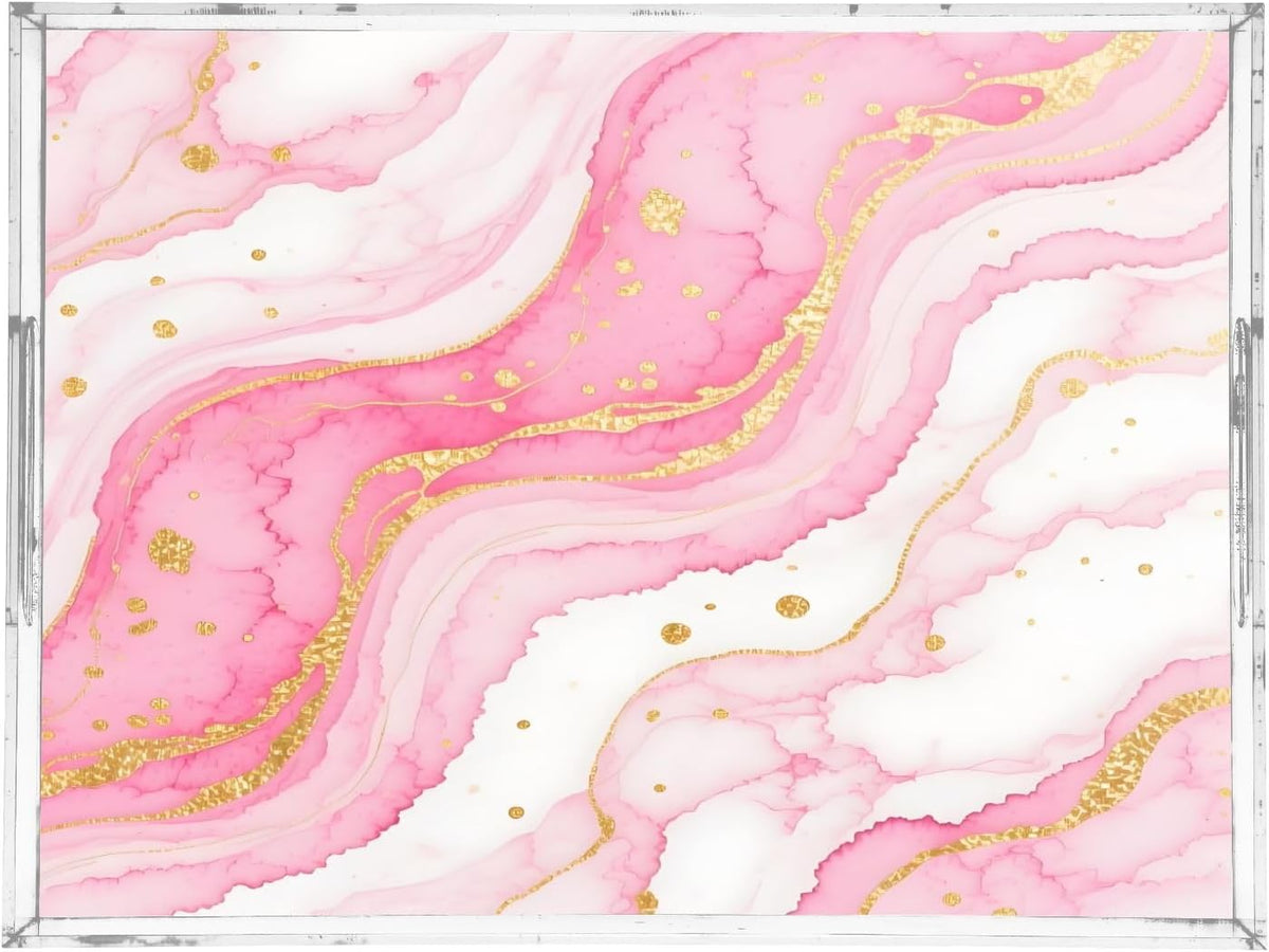 Pink Gilded Fluid Marble Serving Tray with Handles, 12x16 Inch Decorative Acrylic Tray Organizer, Multi-Purpose Sturdy Serving Platter for Coffee Table, Kitchen, Vanity, Nightstand