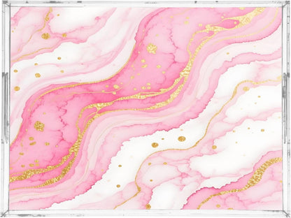 Pink Gilded Fluid Marble Serving Tray with Handles, 12x16 Inch Decorative Acrylic Tray Organizer, Multi-Purpose Sturdy Serving Platter for Coffee Table, Kitchen, Vanity, Nightstand