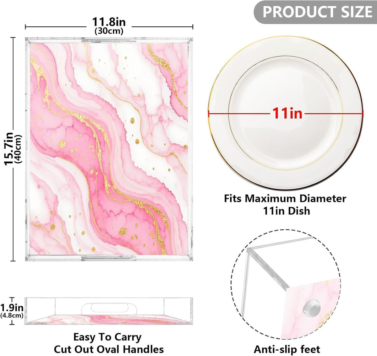 Pink Gilded Fluid Marble Serving Tray with Handles, 12x16 Inch Decorative Acrylic Tray Organizer, Multi-Purpose Sturdy Serving Platter for Coffee Table, Kitchen, Vanity, Nightstand