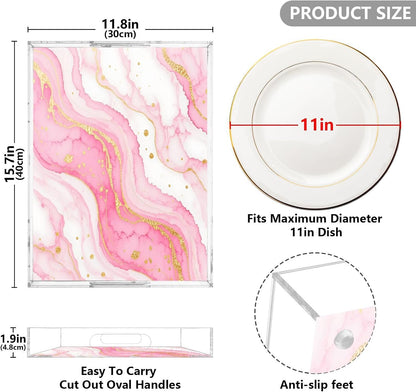 Pink Gilded Fluid Marble Serving Tray with Handles, 12x16 Inch Decorative Acrylic Tray Organizer, Multi-Purpose Sturdy Serving Platter for Coffee Table, Kitchen, Vanity, Nightstand
