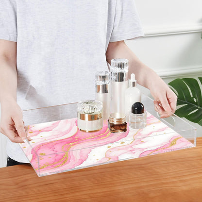 Pink Gilded Fluid Marble Serving Tray with Handles, 12x16 Inch Decorative Acrylic Tray Organizer, Multi-Purpose Sturdy Serving Platter for Coffee Table, Kitchen, Vanity, Nightstand