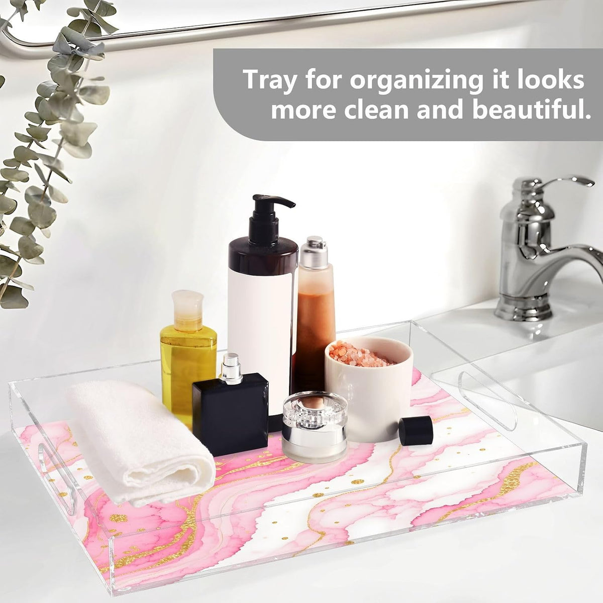 Pink Gilded Fluid Marble Serving Tray with Handles, 12x16 Inch Decorative Acrylic Tray Organizer, Multi-Purpose Sturdy Serving Platter for Coffee Table, Kitchen, Vanity, Nightstand