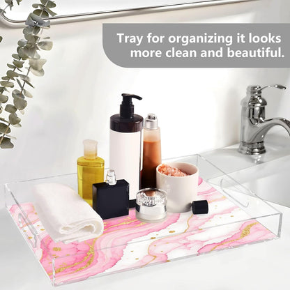 Pink Gilded Fluid Marble Serving Tray with Handles, 12x16 Inch Decorative Acrylic Tray Organizer, Multi-Purpose Sturdy Serving Platter for Coffee Table, Kitchen, Vanity, Nightstand