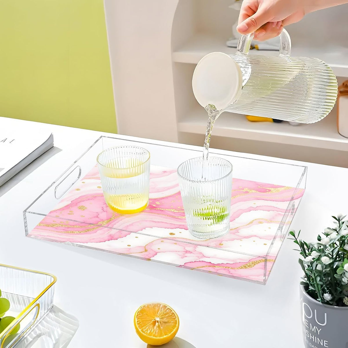 Pink Gilded Fluid Marble Serving Tray with Handles, 12x16 Inch Decorative Acrylic Tray Organizer, Multi-Purpose Sturdy Serving Platter for Coffee Table, Kitchen, Vanity, Nightstand