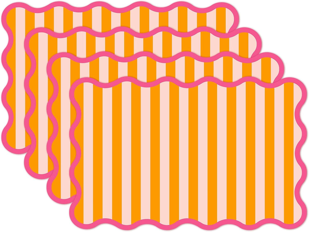 60 Pcs Stripe Scalloped Paper Placemats Table Mats 11 x 17 Inch Orange Pink Striped Disposable Decorative Rectangle Place Mats for Wedding Birthday Baby Shower Party Dining Table Decor