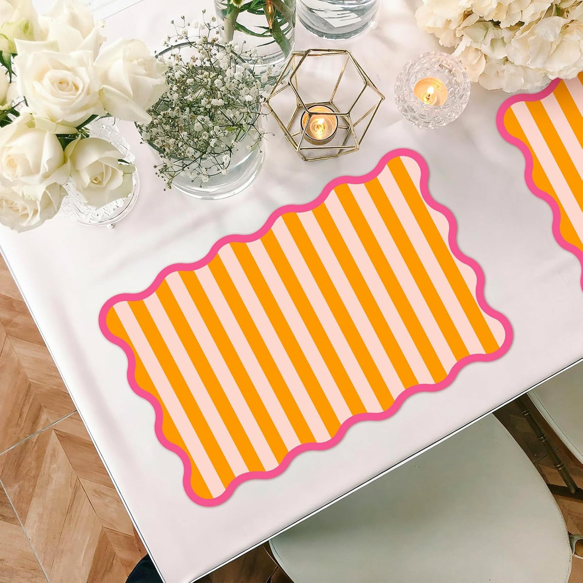 60 Pcs Stripe Scalloped Paper Placemats Table Mats 11 x 17 Inch Orange Pink Striped Disposable Decorative Rectangle Place Mats for Wedding Birthday Baby Shower Party Dining Table Decor