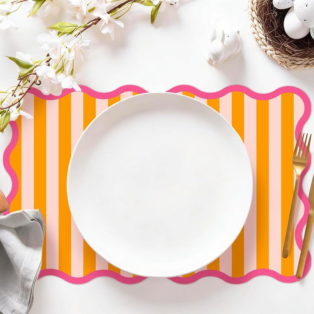 60 Pcs Stripe Scalloped Paper Placemats Table Mats 11 x 17 Inch Orange Pink Striped Disposable Decorative Rectangle Place Mats for Wedding Birthday Baby Shower Party Dining Table Decor