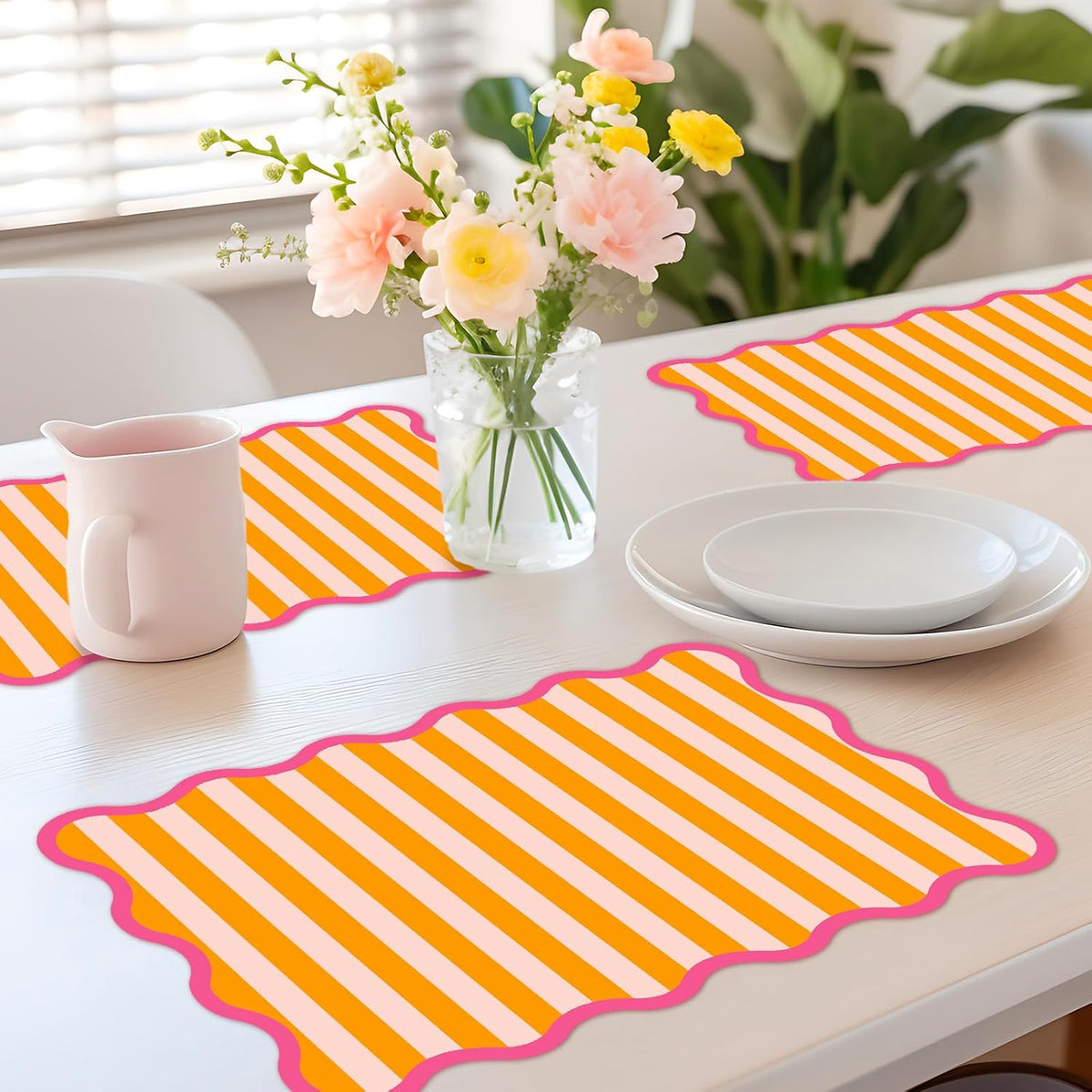 60 Pcs Stripe Scalloped Paper Placemats Table Mats 11 x 17 Inch Orange Pink Striped Disposable Decorative Rectangle Place Mats for Wedding Birthday Baby Shower Party Dining Table Decor