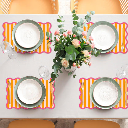 60 Pcs Stripe Scalloped Paper Placemats Table Mats 11 x 17 Inch Orange Pink Striped Disposable Decorative Rectangle Place Mats for Wedding Birthday Baby Shower Party Dining Table Decor