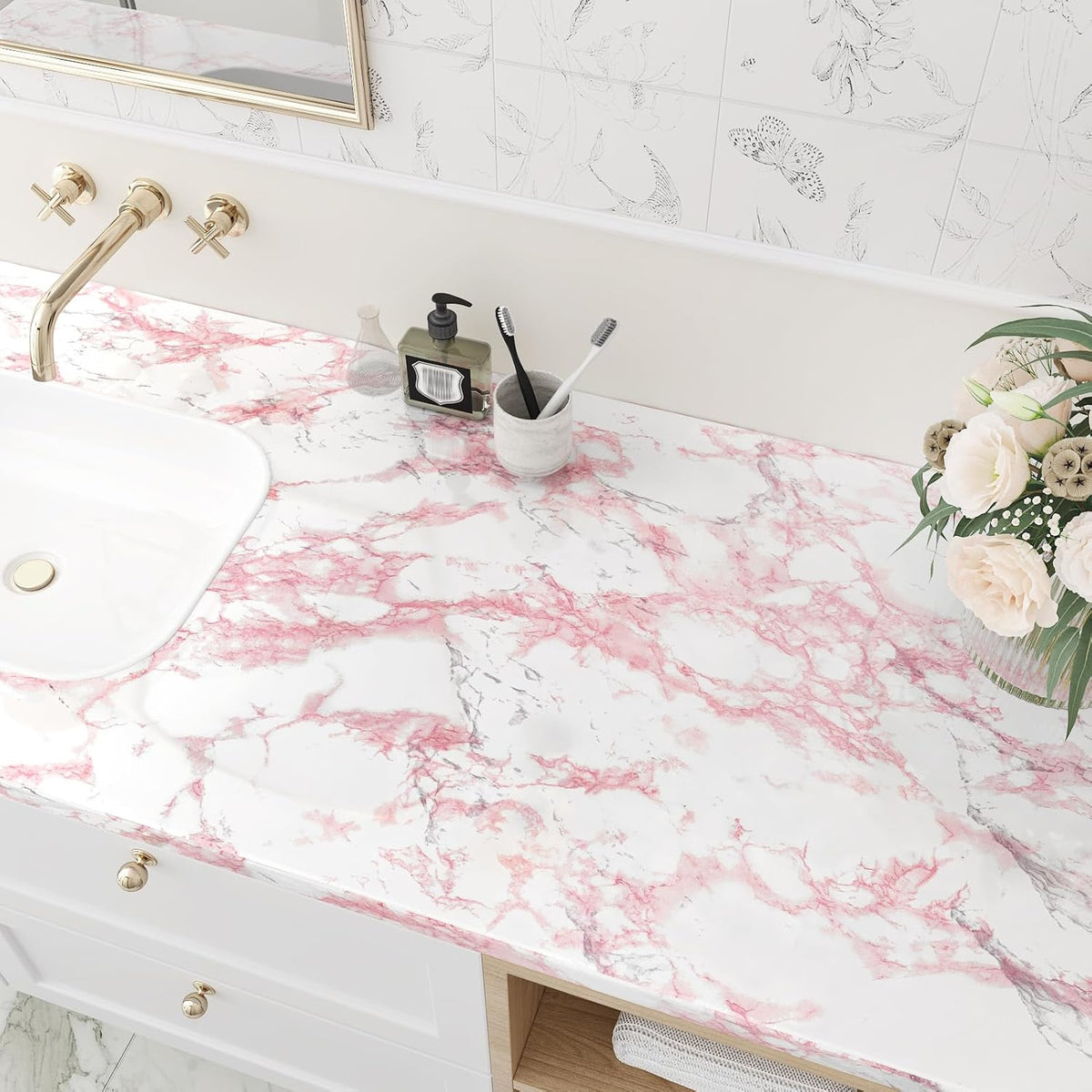 White Pink Marble Contact Paper Countertop Peel Stick Waterproof