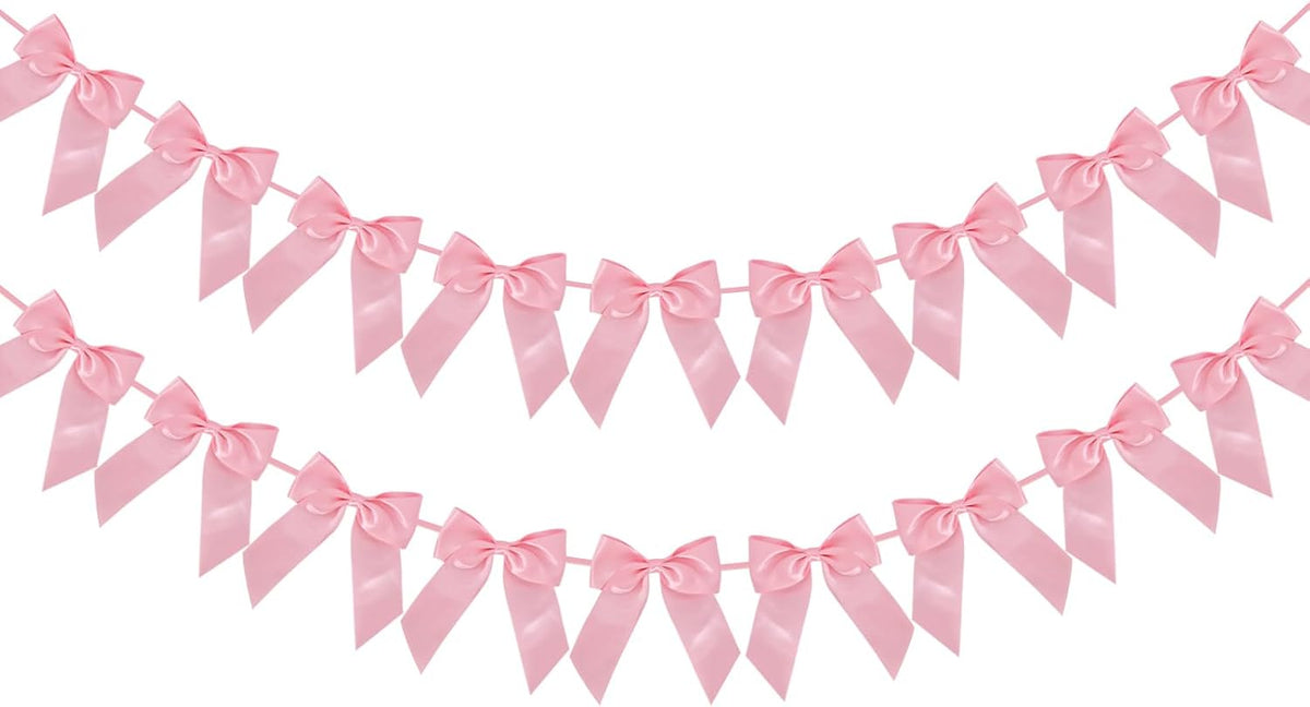 2 Strings of 18pcs Peach Pink Bow Garlands Banner Decoration,Pre-Strung Satin Ribbon for Girl Birthday Anniversary Bridal/Baby Shower Wedding Bachelorette Party Graduation Party Supplies
