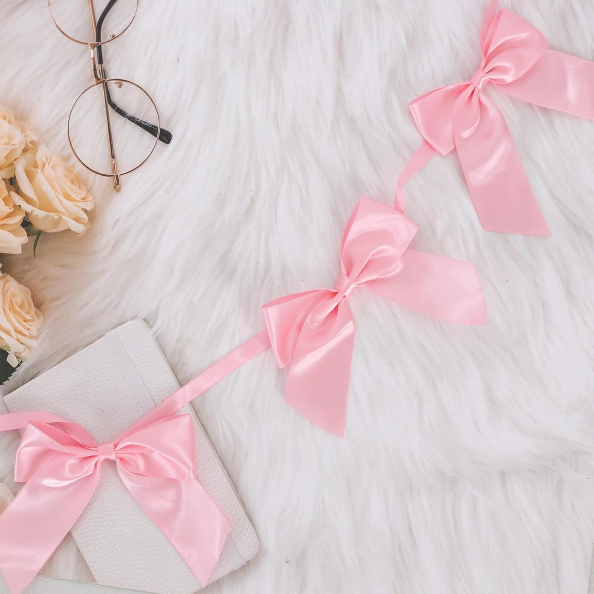 2 Strings of 18pcs Peach Pink Bow Garlands Banner Decoration,Pre-Strung Satin Ribbon for Girl Birthday Anniversary Bridal/Baby Shower Wedding Bachelorette Party Graduation Party Supplies