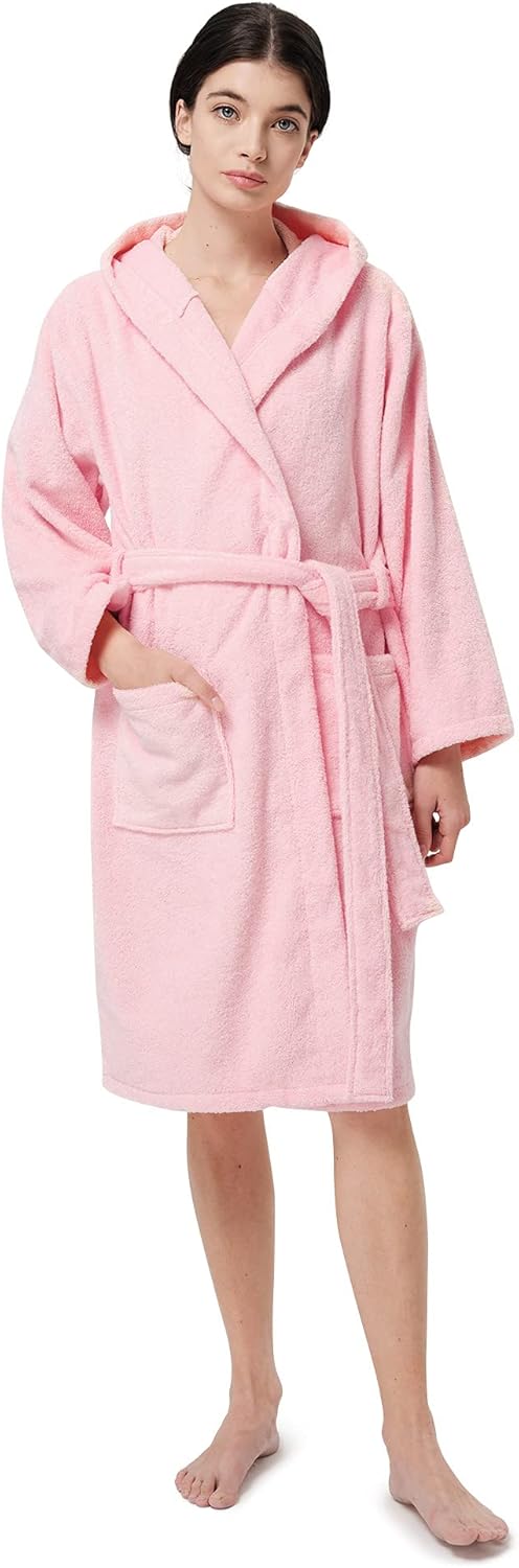 Women Hooded Terry Cloth Robes, Cotton Long Soft Plush Bathrobe for Shower, Spa, Towel Knee-Length Robe with Pockets