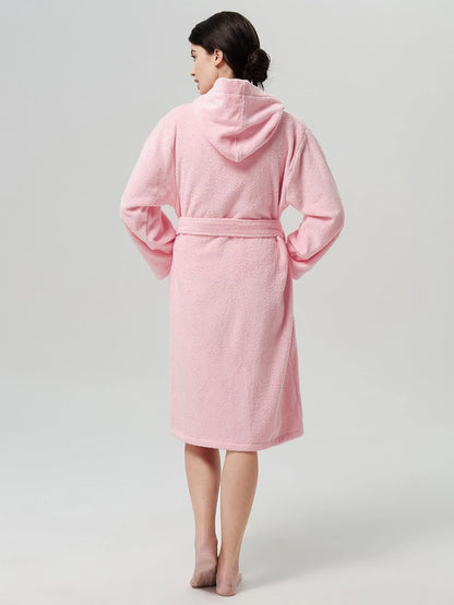 Women Hooded Terry Cloth Robes, Cotton Long Soft Plush Bathrobe for Shower, Spa, Towel Knee-Length Robe with Pockets