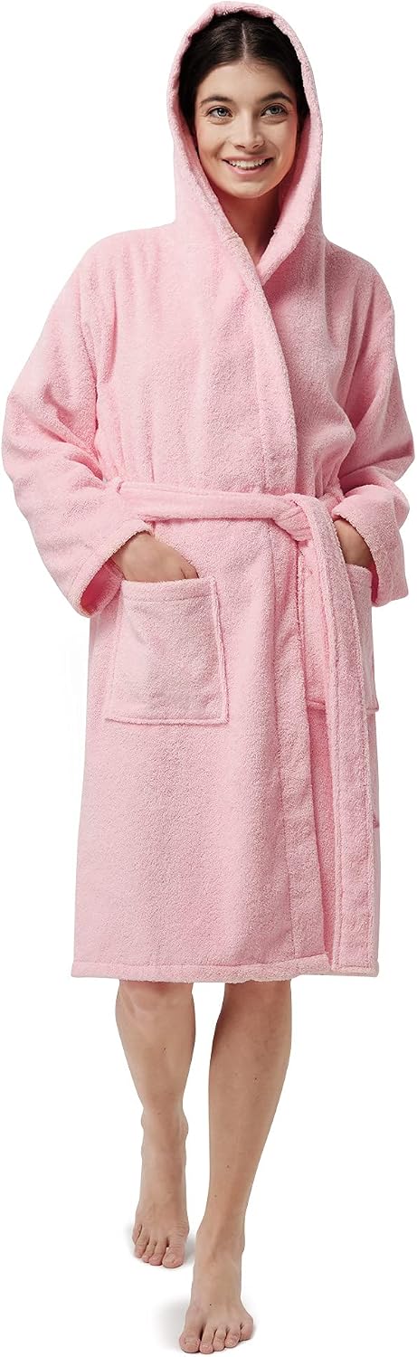 Women Hooded Terry Cloth Robes, Cotton Long Soft Plush Bathrobe for Shower, Spa, Towel Knee-Length Robe with Pockets