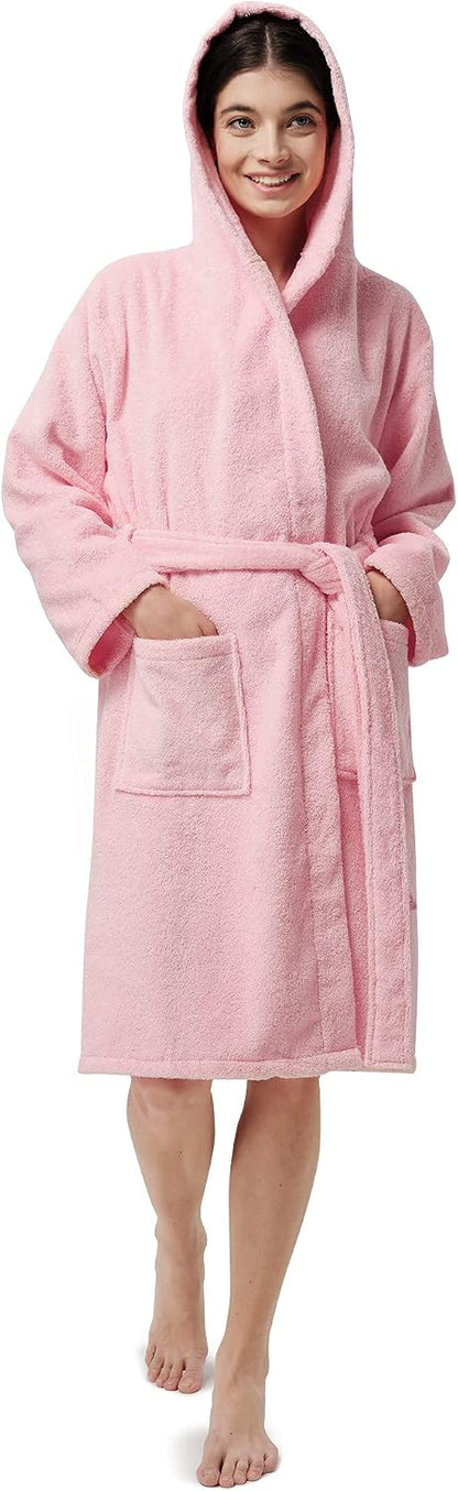 Women Hooded Terry Cloth Robes, Cotton Long Soft Plush Bathrobe for Shower, Spa, Towel Knee-Length Robe with Pockets