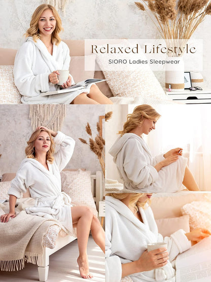 Women Hooded Terry Cloth Robes, Cotton Long Soft Plush Bathrobe for Shower, Spa, Towel Knee-Length Robe with Pockets