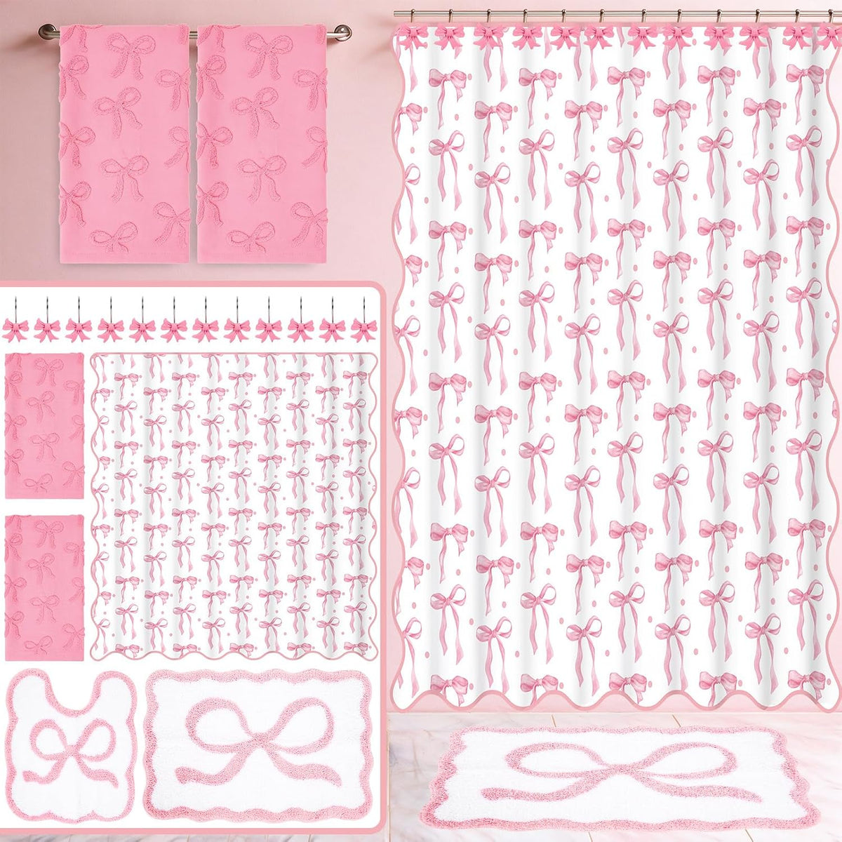 17Pcs Pink Bow Shower Curtain Set Bathroom Decor
