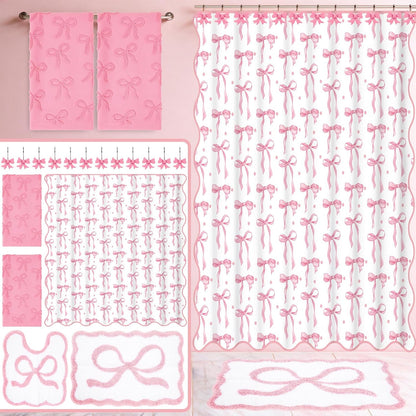 17Pcs Pink Bow Shower Curtain Set Bathroom Decor